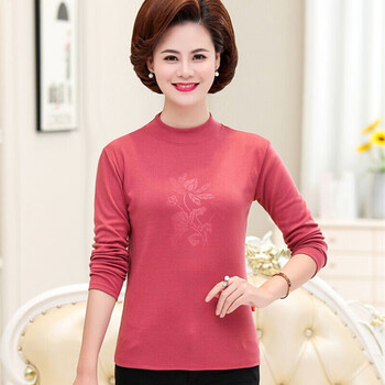 中老年妈妈秋衣女单件上衣中老年女装春秋半高领打底衫长袖棉质衬衣