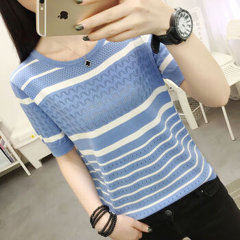 宽松显瘦【90-200斤】冰丝短袖t恤女夏季新款圆领针织条纹上衣女 蓝色