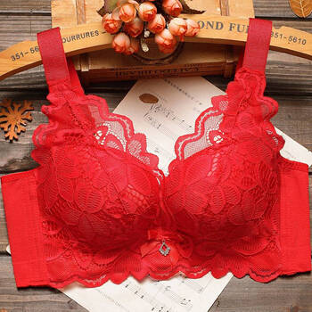 浪莎本命年文胸女女结婚新娘无钢圈加厚大码薄款蕾丝胸罩大红色属虎年