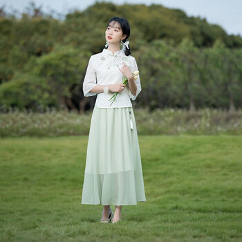 汉服女夏复古汉元素国风刺绣棉麻修身茶服上衣裙子套装 白色上衣 流苏