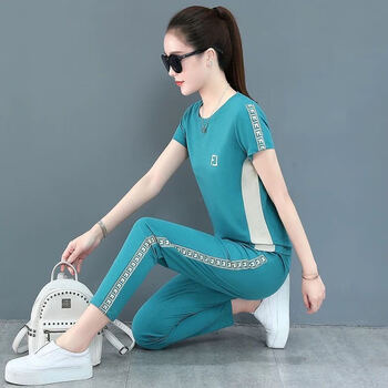 运动休闲套装女夏季新款宽松女式运动服时尚洋气跑步套潮胡绿色l95斤