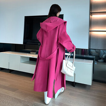毛呢大衣女外套秋冬季玫红色毛呢外套连帽大衣女2021年秋冬新赫本风毛