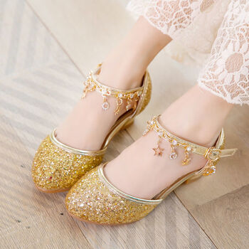 鞋女公主水晶鞋软底小女孩演出皮鞋六一女童凉鞋网红儿童高跟鞋 金色