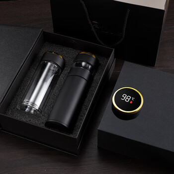 怡天智能316不锈钢茶水分离保温杯男士商务泡茶水杯礼品套装杯子黑色