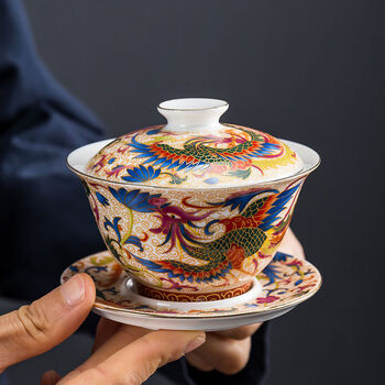 景德镇小盖碗茶杯功夫茶盖碗陶瓷茶碗三才盖碗 c-珐琅彩金丝凤凰盖碗
