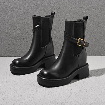 绒中筒靴10cm增高坡跟切尔西靴女式显瘦百搭厚底小个子短靴黑色单里38