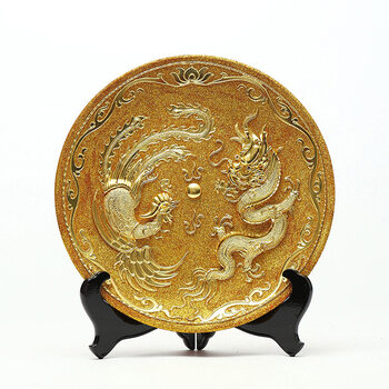 摘宝楼 创意黄色龙凤盘子摆件礼物漆线雕24k陶瓷金盘礼品工艺品客厅