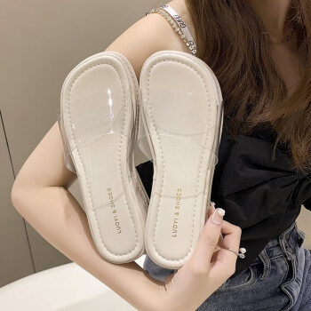 暖色鹿2023新款坡跟凉拖女外穿夏季厚底鞋拖感绝美透明一字拖鞋 米色 35