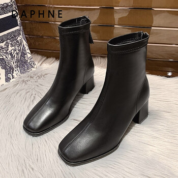 红蜻綎靴子女年新款秋冬粗跟短靴黑色瘦瘦靴时尚马丁靴高跟女靴黑色35