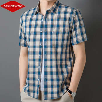 leedprre格子衬衫男短袖夏季感时尚潮流商务休闲男士衬衣口袋纯棉