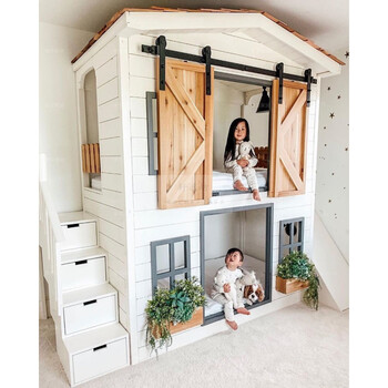 美式实木小孩树屋床双层美式谷仓门床全实木树屋小孩床阁楼秘密基地