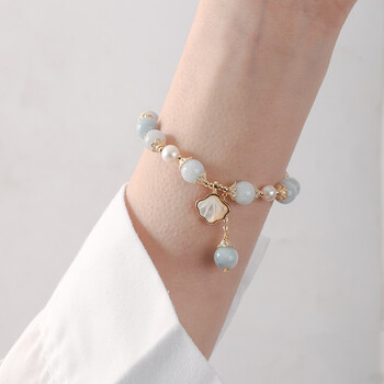 斯涟 甜美小清新海蓝宝白贝母手链百搭文艺古风珍珠手串 海蓝宝 淡水