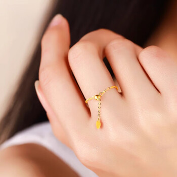 恋铂18k金转运珠戒指18k金黄可调节简约彩金食指时尚细链条式软戒女尾