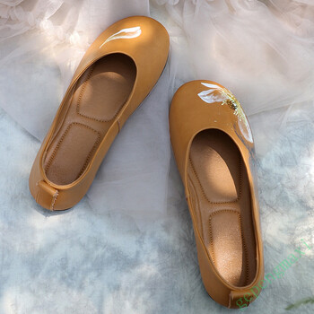 中国风女鞋真皮平底鞋复古手绘浅口圆头日系软底单鞋春季新品牛皮女鞋