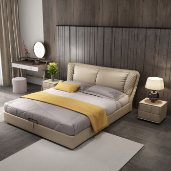 水星 家具 真皮床轻奢主卧床现代简约1.8双人床大小户型皮床婚床 1.8*2.0米(淡黄色)-架子床 床+床垫