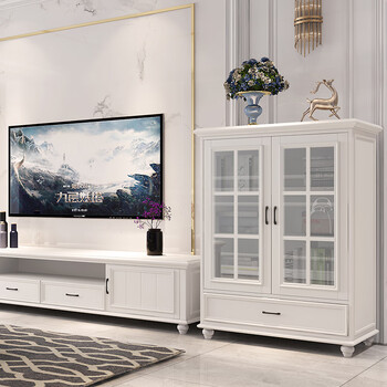 美式酒柜靠墙电视柜旁柜现代简约白色玻璃柜小户型客厅储物柜纯白色