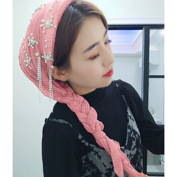 纱巾穆丝林纱巾秋冬新款回族头巾套头女士盖头三角巾包头巾网红亮粉色