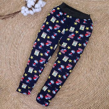 手工花棉裤男女保暖修身亲子青少年小学生加厚深蓝史努比棉裤一条120