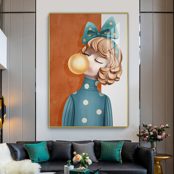 画沙发背景墙大气轻奢壁画2796810吹泡泡女孩水晶面ps框4060cm黑色框