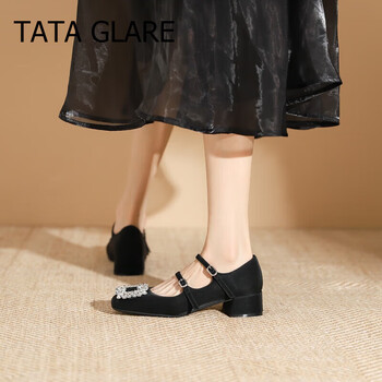 tataglare她他女鞋她他一字带漆皮女士中跟欧美皮带扣粗跟玛丽珍春