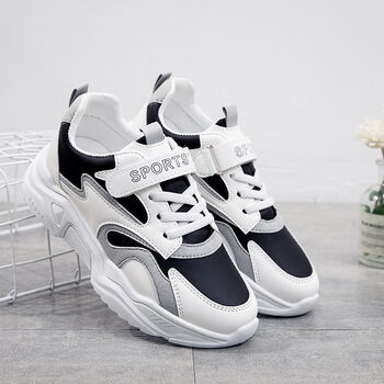 女童运动鞋6中小学生7皮面9不系带老爹鞋10少女孩公主休闲鞋15岁黑白