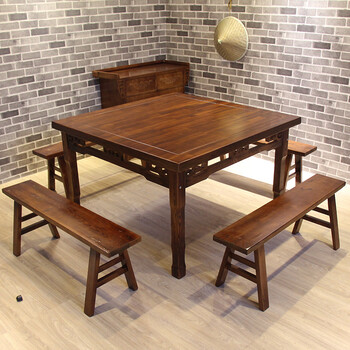 仿古八仙桌方桌原木四方餐桌餐厅饭店农家乐桌椅组合款式一一桌四凳