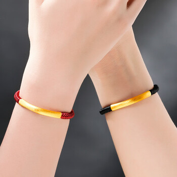 999足金拉丝弯管手链黄金红绳手镯情侣一对3d硬金路路通本命年编绳