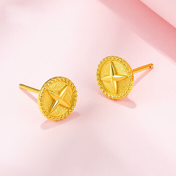 老凤凰款999足金四芒星耳钉女款5d硬金圆形耳环养耳棒直耳针单个圆牌