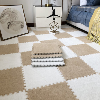 地毯卧室整铺床边毯泡沫拼接耐脏秋冬季房间可裁剪毛绒地板垫浅咖白色