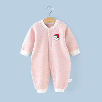 婴儿连体衣春装纯棉冬加厚保暖长袖幼儿夹棉男女宝宝衣服哈衣爬服粉小