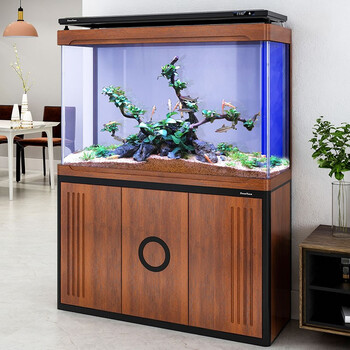 森森头屏风鱼缸客厅家用大型水族箱玻璃生态落地鱼缸胡桃木色靠墙款10
