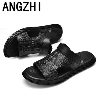 昂智品牌牛皮凉鞋男夏季2024透气沙滩鞋男外穿两用男士洞洞凉拖鞋黑色