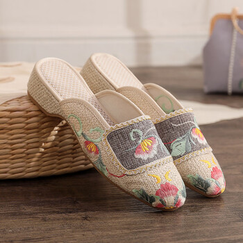 娟的绢夏季民族风绣花鞋女半托低跟平底柔软外穿凉拖鞋女古风中式旗袍