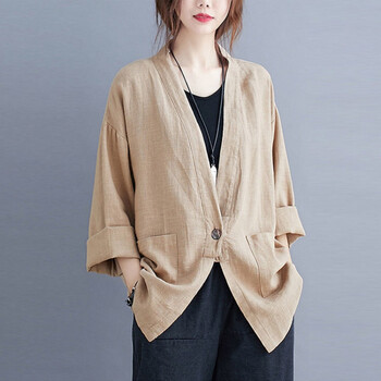 春夏新款棉麻外套女中长款薄款开衫纯色宽松休闲百搭长袖上衣 卡其色 