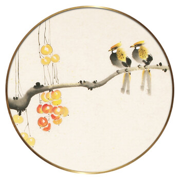 新中式圆形挂画金属框简约禅意三联装饰画实木框花鸟国画工笔壁画 n款