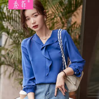 秦菲蓝色雪纺衬衫女2022春季新款设计感小众法式别致上衣时尚潮流复古
