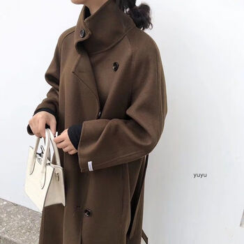 韩国双面大衣女中长款过膝焦糖色气质立领羊毛呢外套厚sn0211可可色