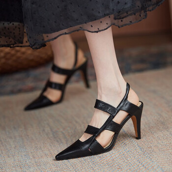 幂瑶欧美尖头牛皮高跟凉鞋女春夏新款镂空一字带性感细跟包头凉鞋气质