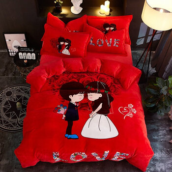 情侣床上四件套牛奶绒冬季情侣四件套双人浪漫牛奶绒被套床单加厚珊瑚