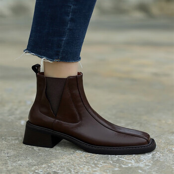 巾玖rubywu棕色切尔西靴女加绒厚底马丁靴秋冬软底粗跟高跟短靴潮黑色