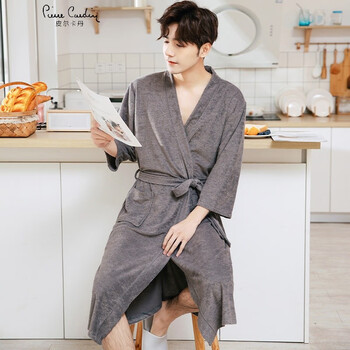 浴袍男长款睡衣男酒店毛巾料吸水速干浴衣情侣睡袍男灰色轻薄款男m