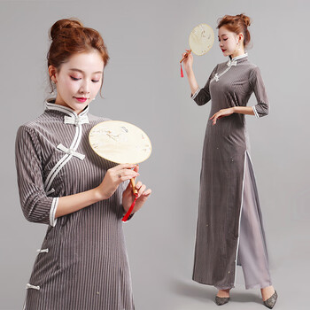 红书依店消逝的电波旗袍舞蹈服女古典开叉晨渔光曲扇子舞演出服装灰色