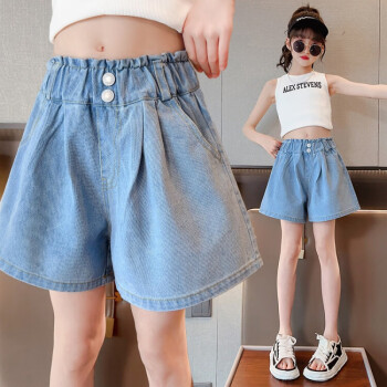 迪士尼（Disney）韩系女童牛仔短裤夏装2024新款儿童洋气女孩裤子中大童夏季薄款外 浅蓝色 160cm