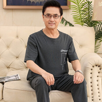 安姿影爸爸睡衣棉质夏季中老年人装男士款老人家居服睡裤男夏中年男款
