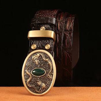 玉石鳄鱼纹皮带男士复古个性腰带男中年休闲裤带双龙戏珠鳄鱼纹咖啡色