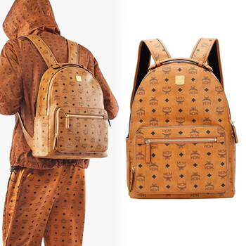 mcm双肩包男女同款stark系列logo印花大容量双肩背包干邑色