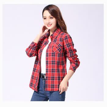 格子衬衫春秋单穿新款韩版学生衬衣女装薄外套潮0921红白蓝2xl115125