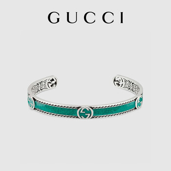 古驰[明星款式]gucci互扣式双g男士银手镯 绿色l-周长18cm