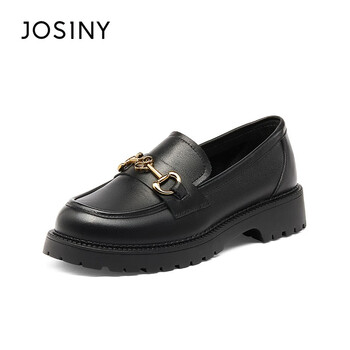 卓诗尼单鞋女时尚英伦风乐福鞋粗跟厚底通勤小皮鞋j201dr27j761黑色