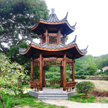 凉亭户外防腐木亭子别墅庭院四角六角古建实木屋花园仿古文化长廊定制